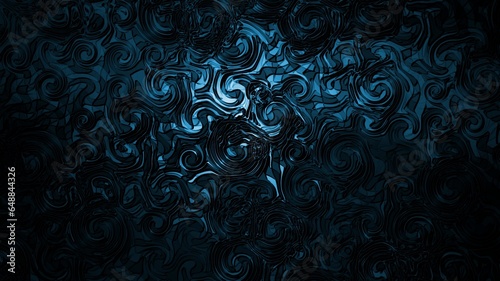 Illustration of dark blue background with abstract wavy swirling shapes with effectx