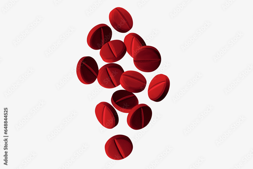 Red flying capsules, pills and tablets. On a light background. Red flying capsules, pills and tablets. On a light background.