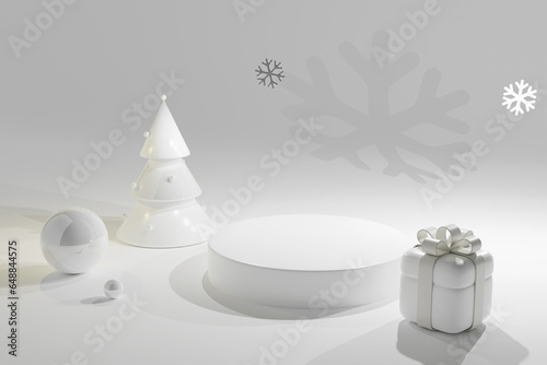 Festive Christmas scene podium for products showcase, promotional sale, minimalist white color