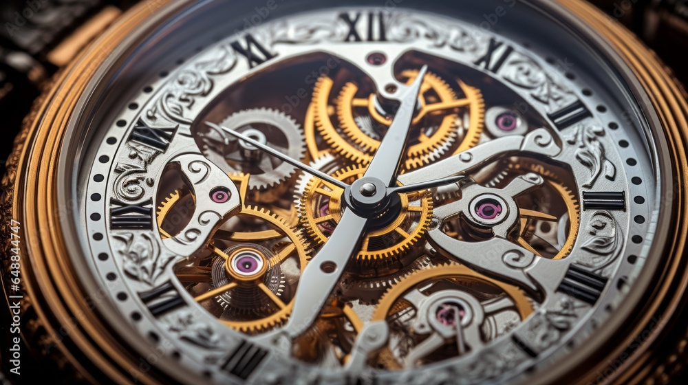 A close-up of the intricate gears inside an antique pocket watch