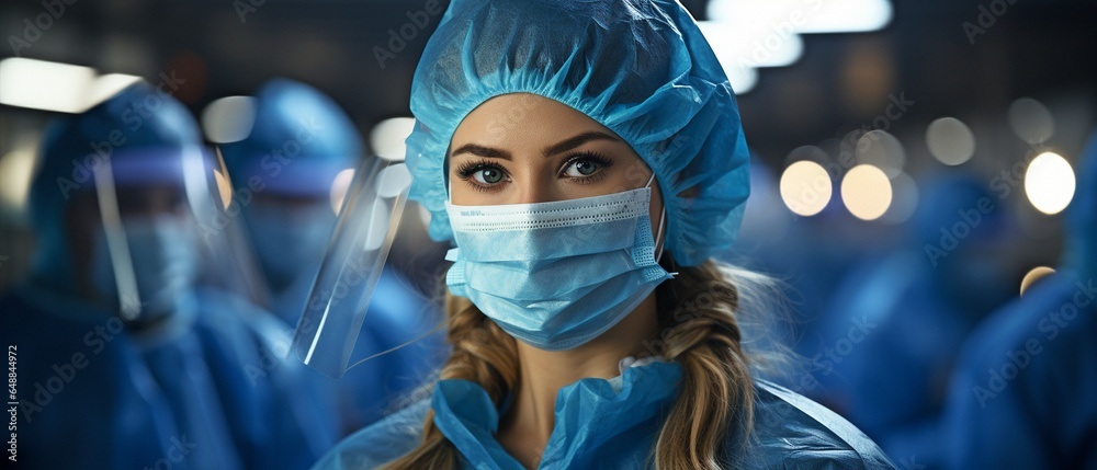 In the operating room, a female surgeon is utilising a computer tablet..
