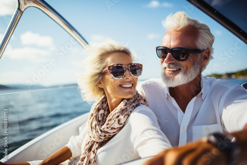 Senior couple driving luxury yacht in sea against sky © alisaaa