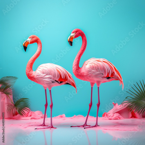Flamingos in water on blue background