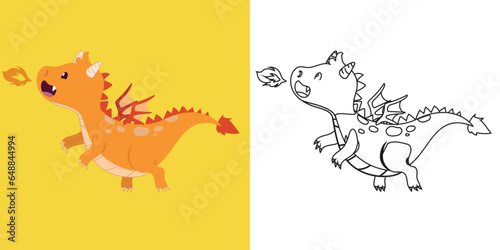 Colouring cute fairytale kingdom character. Coloring a cute flying orange dragon spit a fire. Vector outline fantasy monarch kingdom. Medieval fairytale an orange dragon cartoon. 