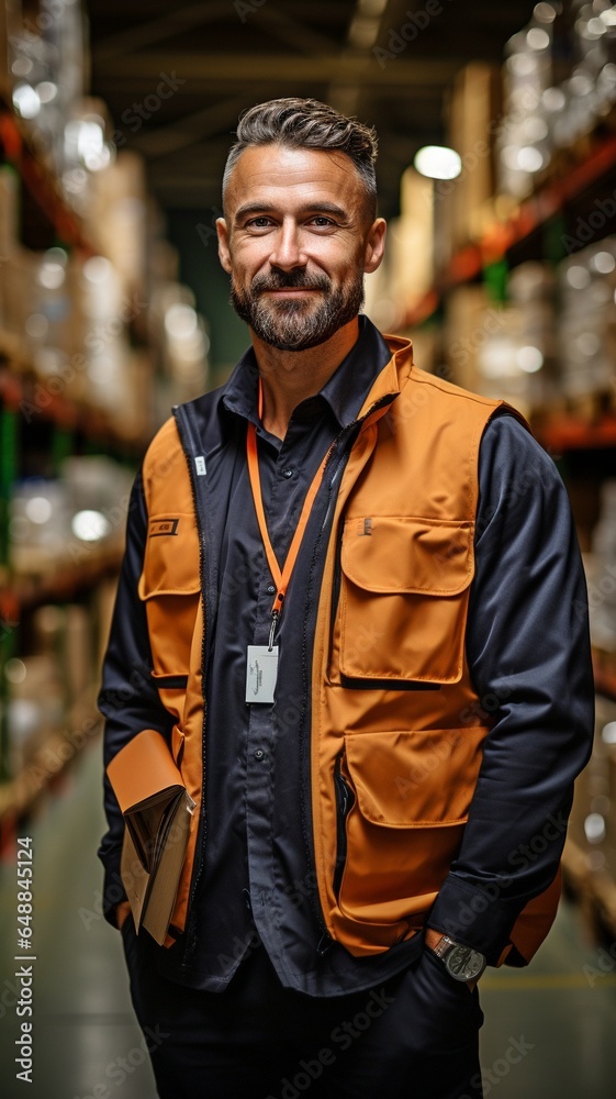 Man in warehouse working in full shot. Man in warehouse working in full shot.