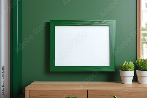 Mockup two photo frame green wall mounted on the wooden cabinet. Close up