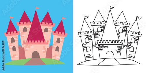 Colouring cute fairytale kingdom character. Coloring the kingdom castle. Simple colouring page for kids. Fun activity for kids. Educational printable coloring worksheet. Vector illustration.