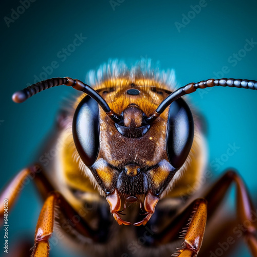 Macro photo of a wasp on blue background © Brigitta
