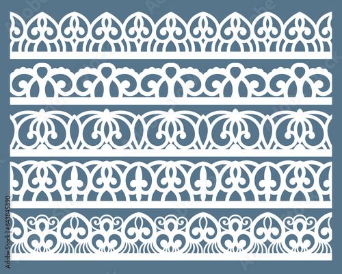 Vector set of lace border vignettes, suitable for laser cutting. Vintage flourish ornaments, cutout paper decoration	