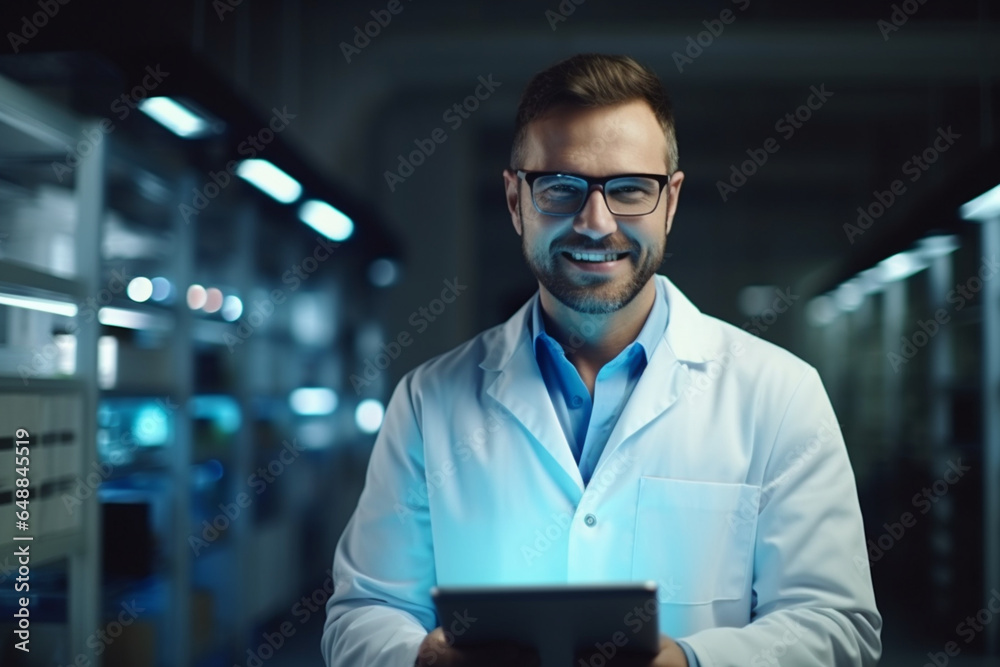 Science, tablet and portrait of a male scientist doing research with technology in a medical laboratory, Happy, smile and man chemist or biologist working on a mobile device in a pharmaceutical lab - obrazy, fototapety, plakaty 