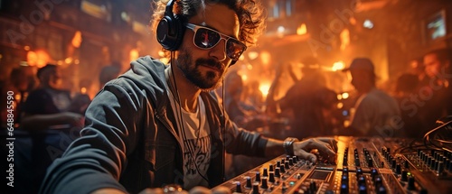 DJing at a party, front shot of a man.
