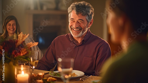 Portrait of a Happy Man at Thanksgiving Dinner with His Family