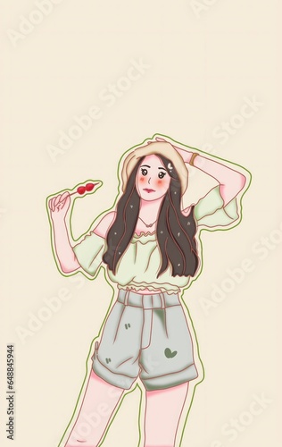 Cute woman wearing lime green shirt holding a strawberry skewer