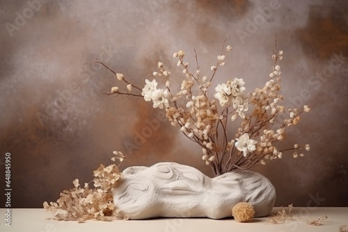 Dried flowers and stone on a beige background