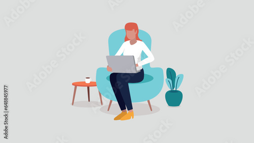 A European woman sits on a sofa and works relaxed in his home office - vector image
