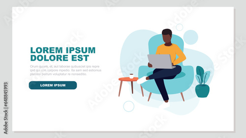A African American man sits on a sofa and works relaxed in his home office – Vector Image
