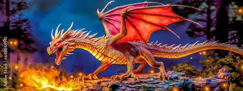 a fairy-tale dragon in the forest whips flames from its mouth, banner photo
