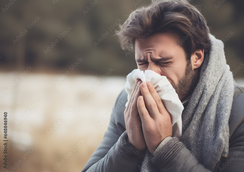Sick man got Flu, man Caught Cold. Sneezing into napkin. Generative AI Sick man got Flu, man Caught Cold. Sneezing into napkin. Generative AI