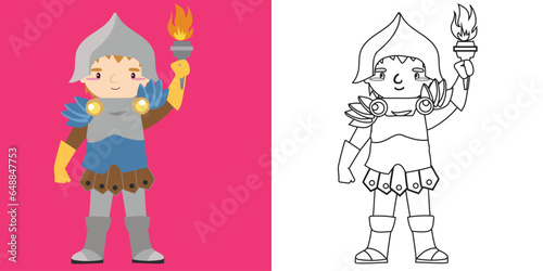 Colouring cute fairytale kingdom character. Coloring a cute kingdom guard. Simple colouring page for kids. Fun activity for kids. Educational printable coloring worksheet. Vector illustration.