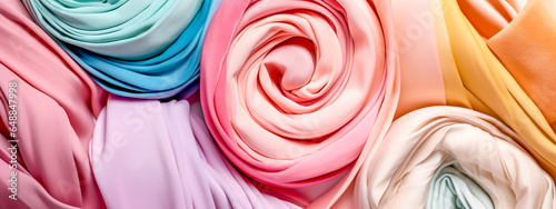 colored fabrics in pastel colors, satin in a roll, banner