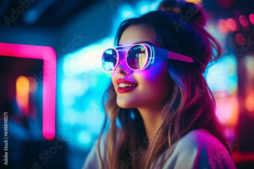 Portrait of the Beautiful Young Girl Sitting Before Computer, Browsing in Internet, Playing Online Games, Streaming, Cute Girls Wearing Glasses in the Cool Retro Neon Lit Room