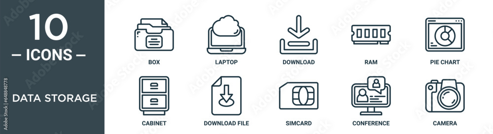 data storage outline icon set includes thin line box, laptop, download ...
