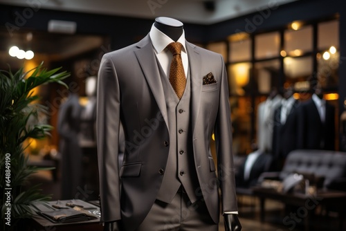 Tailor shop suit hanging on shirt fitting mannequin, Generate with Ai
