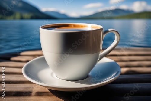 cup of coffee on a table on lake