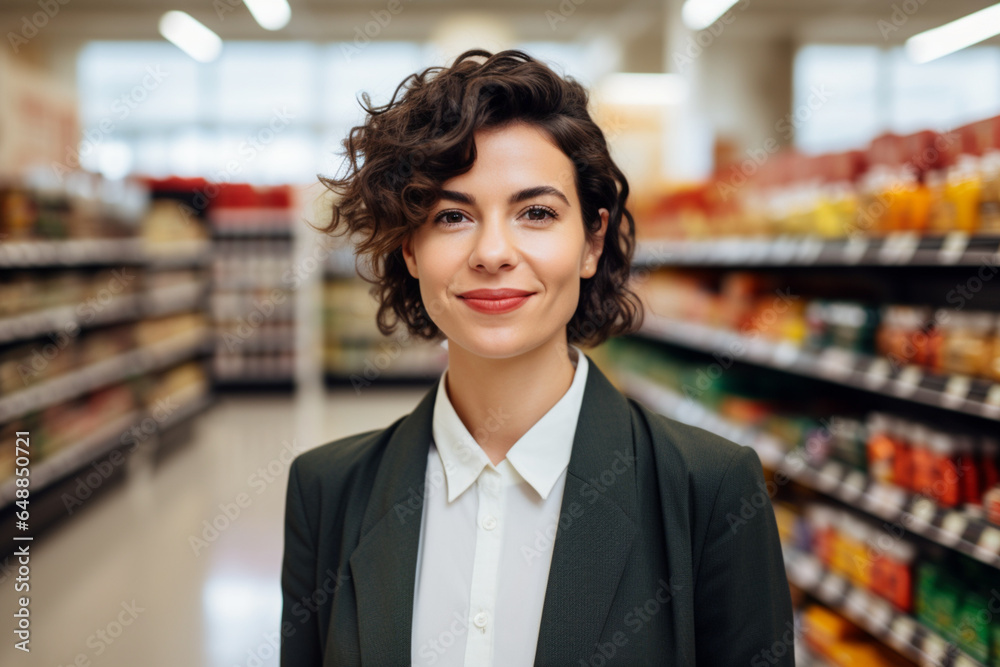 Portrait of happy female supermarket manager looking at camera