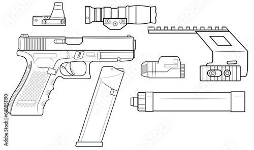 Vector illustration of the automatic pistol and equipment such as a magazine, collimator, silencer, scope and flashlight on the white background. Right side.