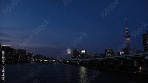 TOKYO, JAPAN - 29 JULY 2023 : View of FIREWORKS at Sumidagawa Firework Festival. Japanese summer season concept 4K video. photo