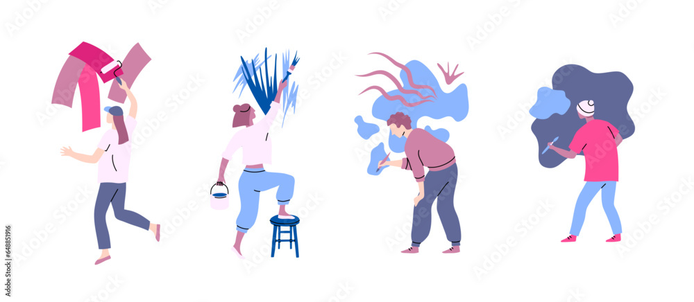 Cartoon Color Characters People Writing on a Wall Concept Flat Design Style . Vector illustration of Man and Woman with Brushes and Paint Roller
