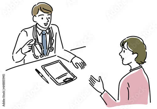 女性患者に説明する男性医師シンプル線画