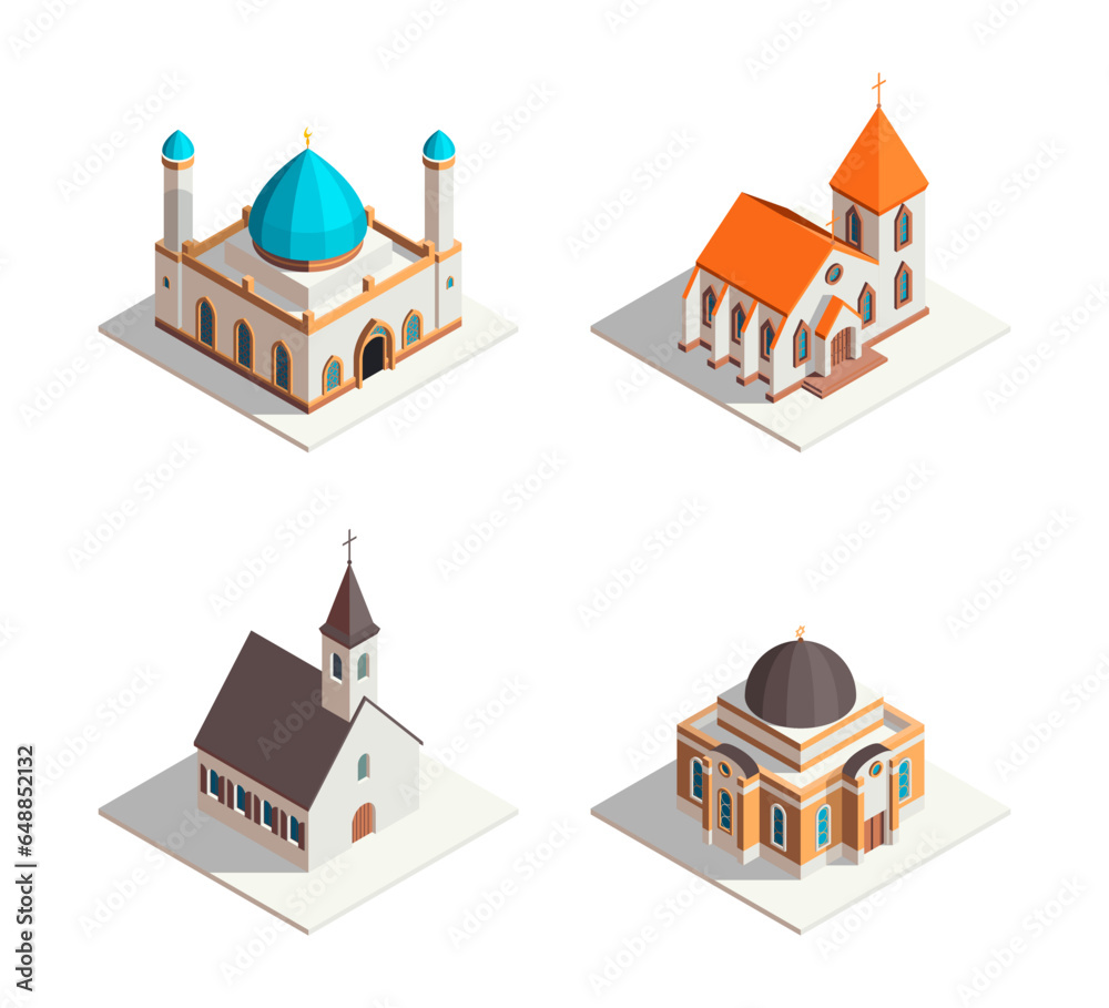 Color 3d Mosque, Catholic Church, Protestant Church and Synagogue Concept Isometric View. Vector illustration of Muslim, Christian, Jewish Temples Buildings Color 3d Mosque, Catholic Church, Protestant Church and Synagogue Concept Isometric View. Vector illustration of Muslim, Christian, Jewish Temples Buildings