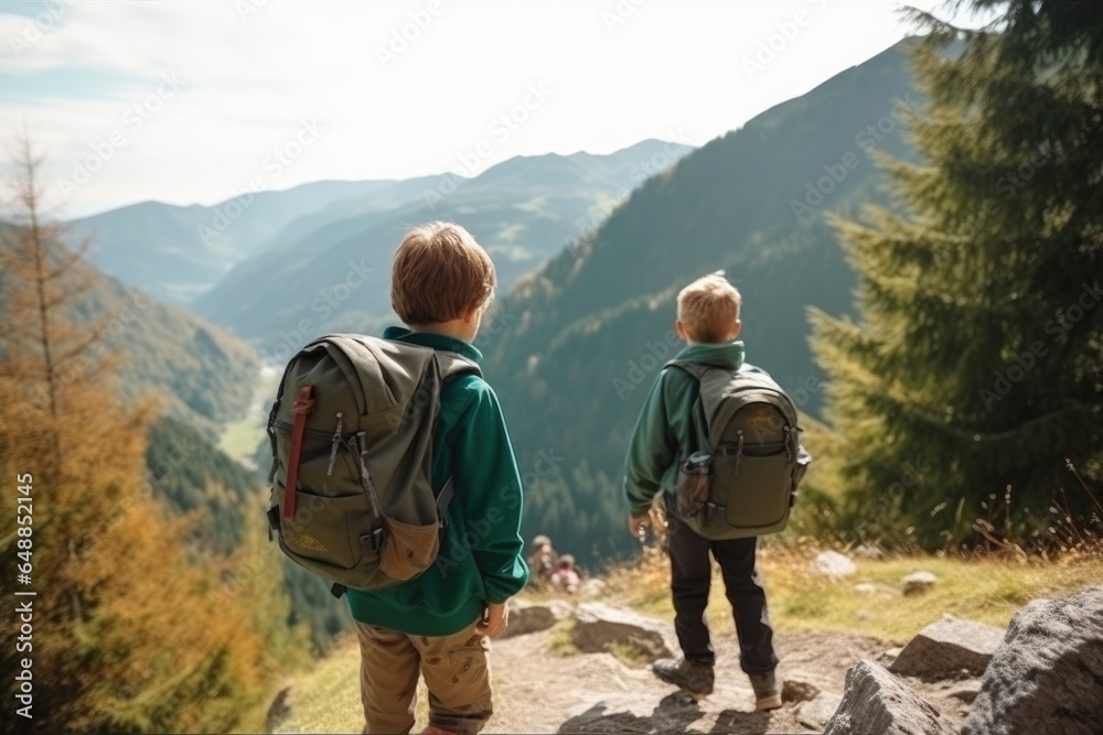 Two brothers on a hike in the mountains