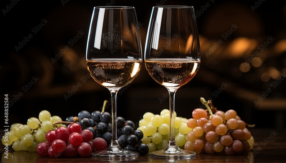 two glass of wine with different colors of grapes