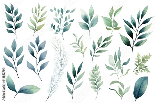 Green leaves watercolor clip art graphic design.1