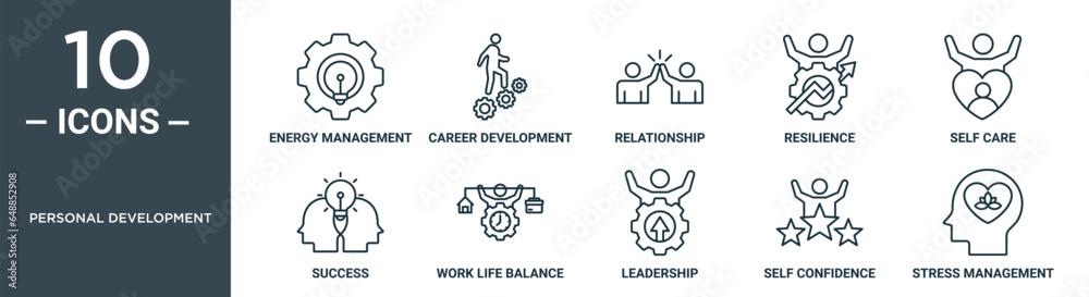 personal development outline icon set includes thin line energy ...