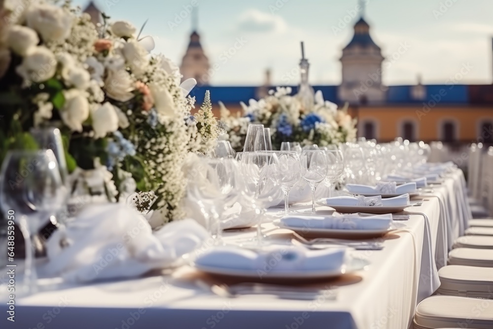 Long wedding table covered with white cloth