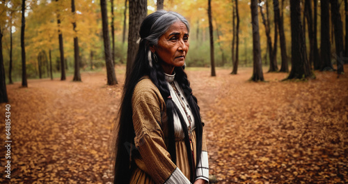 Portrait of an elderly Native American woman in national costume in an autumn forest with yellow fallen leaves. photo