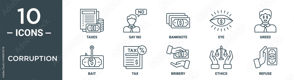 corruption outline icon set includes thin line taxes, say no, banknote ...