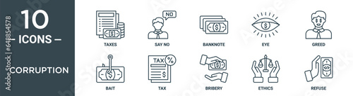 Fotografia corruption outline icon set includes thin line taxes, say no, banknote, eye, gre