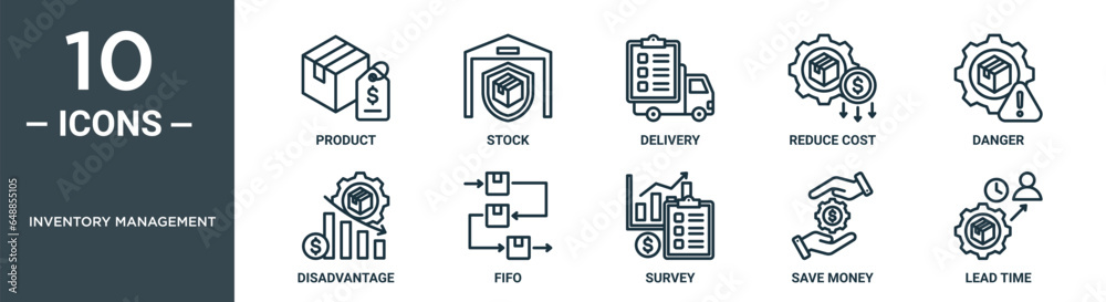 Vetor de inventory management outline icon set includes thin line ...