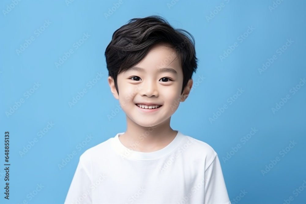 Portrait of a cute little asian boy wearing casual clothes while smiling and looking excited, Child standing against a blue studio background, Adorable happy little boy safe and alone Portrait of a cute little asian boy wearing casual clothes while smiling and looking excited, Child standing against a blue studio background, Adorable happy little boy safe and alone