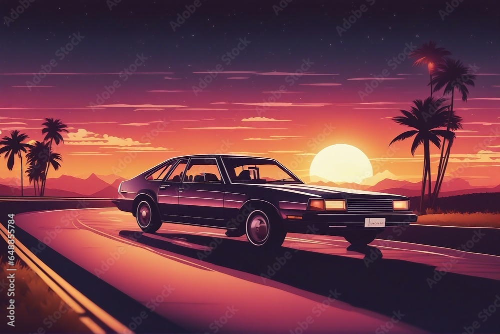 80s style illustration with car driving into sunset