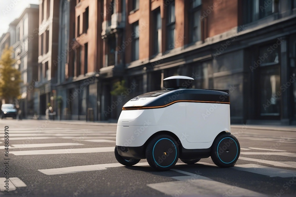 Modern fast delivery robot delivering packages around the city intelligent automaton vehicle