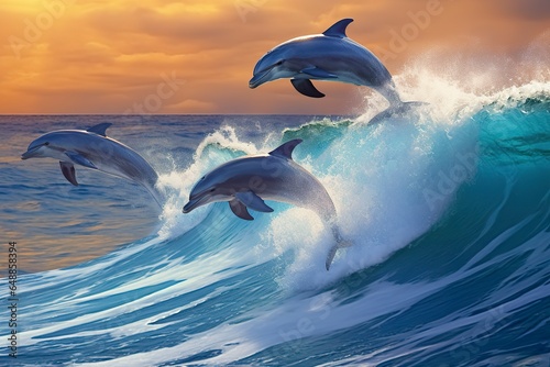 Playful dolphins jumping over breaking waves. Hawaii Pacific Ocean wildlife scenery.