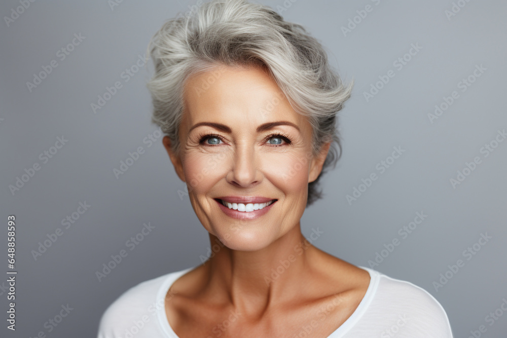 Mature model, face and skincare in wellness, beauty and cosmetics portrait in studio, Woman, skin and smile for anti-aging product for facial, cosmetic and health show happiness in makeup portrait Mature model, face and skincare in wellness, beauty and cosmetics portrait in studio, Woman, skin and smile for anti-aging product for facial, cosmetic and health show happiness in makeup portrait