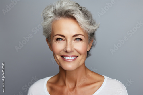 Mature model  face and skincare in wellness  beauty and cosmetics portrait in studio  Woman  skin and smile for anti-aging product for facial  cosmetic and health show happiness in makeup portrait