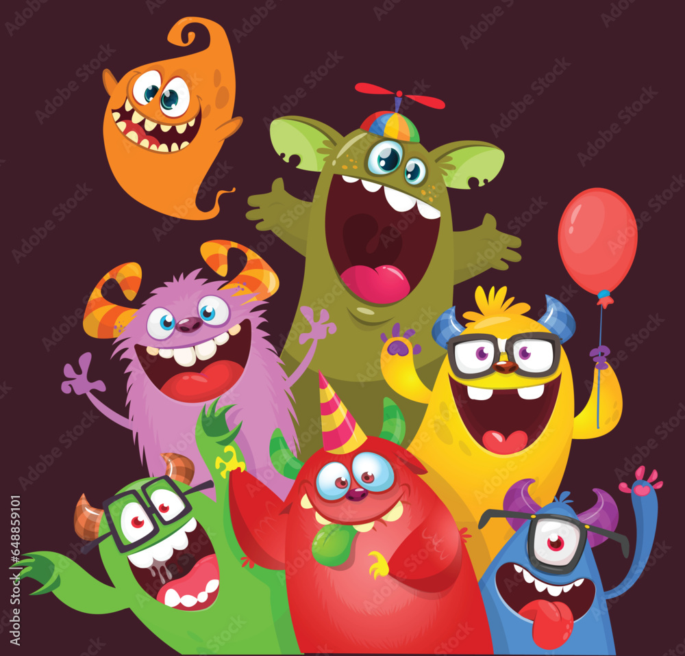 Сartoon monsters set. Halloween party invitation or poster design with different creatures celebrating. Vector illustration. Great for children holiday.